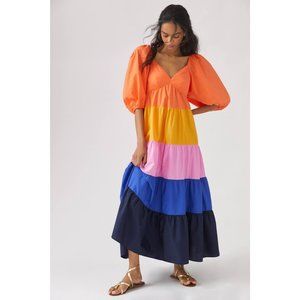 Anthropologie Colorblock Tiered Maxi Dress in Orange, Yellow, Pink, Blue, Navy